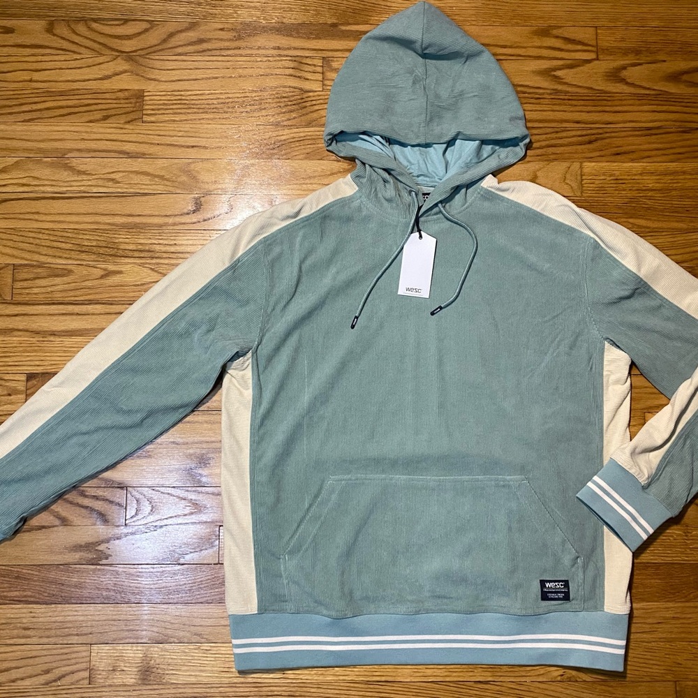 Wesc Massive Paneled Corduroy Hoodie Iceberg Green & Beige Men’s Sz New!